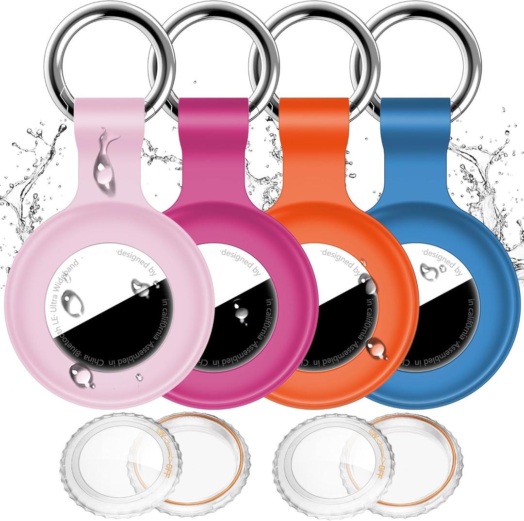 2 x 4 Pack Compatible with Apple Airtag Holder with Keychain,IPX8 Waterproof GPS Cover for Air-Tags Shockproof [Anti-Scratch] Item Finders Case for Pets,Kids,Luggage-Blue+Pink+Orange+Rosered
