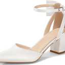 Coutgo Womens Chunky Heels Low Heel Ankle Strap D'Orsay Pumps Closed Pointed Toe Wedding Bridal Shoes, White, Size 9.5