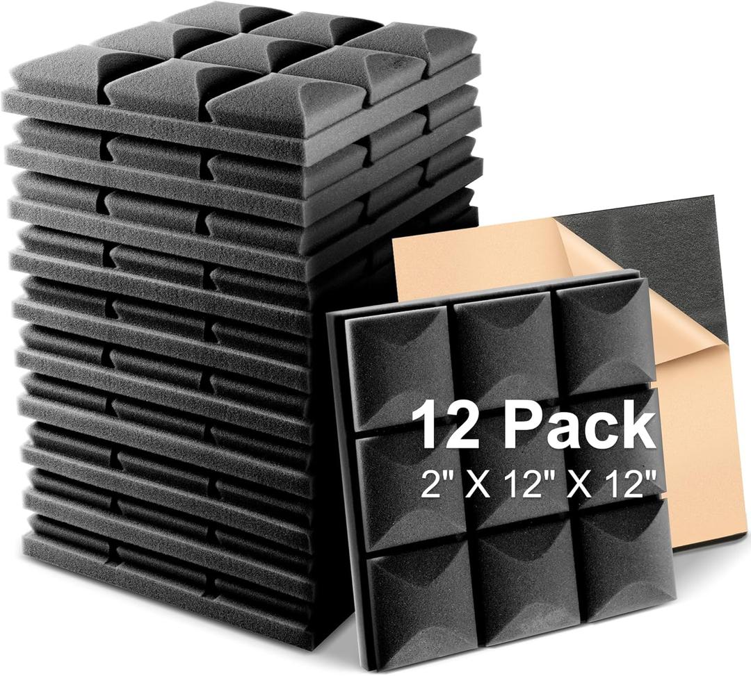 Fstop Labs Acoustic Foam Panels, 12 Pack Black 2'' X 12" X 12" Mushroom Studio Wedge Tiles, Sound Panels Sound Proof Foam Panels Sound Proofing Padding For Wall