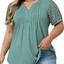 VISLILY Plus-Size-Womens-Summer-Tops Cute Henley V Neck T Shirts Dressy Lace Short Sleeve Blouse Trendy Casual Pleated Tunics (Blue, XL)