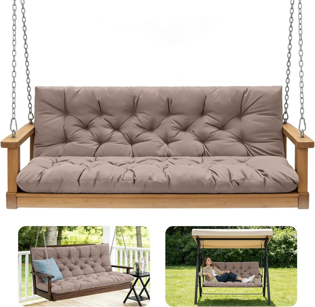 Outdoor Swing Cushions,Waterproof Swing Cushions 3 Seater Replacement with Backrest,Outdoor Thickened Bench Cushion with Ties for Porch,Patio,Backyard,Garden and Lawn (Khaki 60 * 40 in)