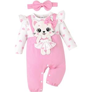 Baby Girl Clothes Newborn Romper Cute Cat Ruffled Long Sleeve Love Fall Winter Outfits with Bow Headband 0-18 Months (3-6 Months, Pink)