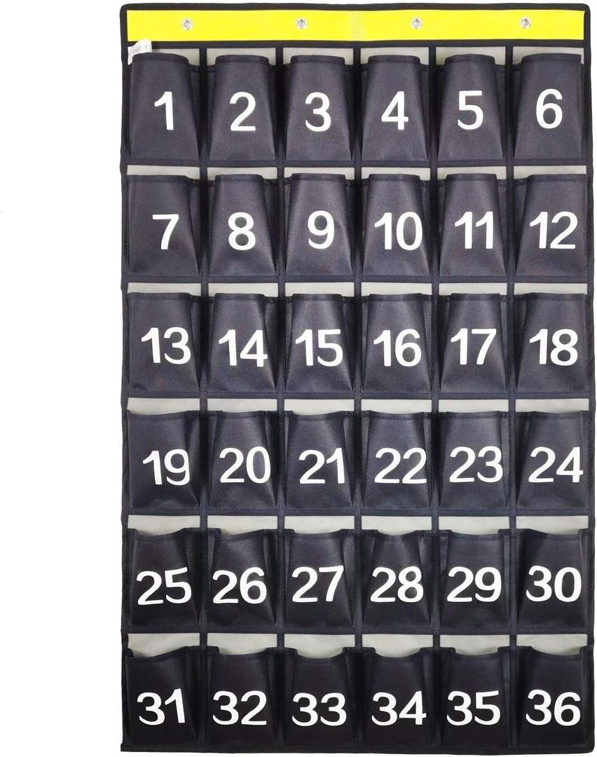 Numbered Cell Phones and Calculator Holder Classroom Pocket Chart Wall Door Hanging Organizer for Sundries (36 Pockets with Digital)