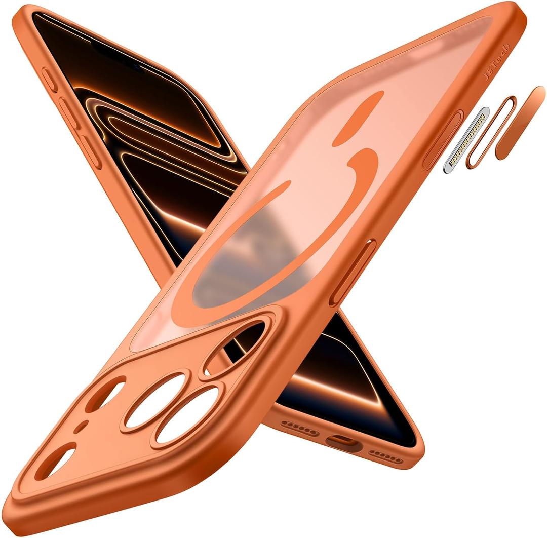 JETech Magnetic Case for iPhone 17 Pro 6.3-Inch Compatible with MagSafe, Shockproof Slim Phone Cover with Built-in Camera Control Button, Matte Translucent Back (Orange)