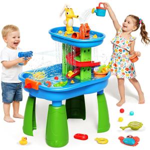 Toddler Water Table - Sensory Table for Kids with 28 Piece Sand Water Toy Set, Outdoor Water Play Table with Rain Shower Sprinkler, Summer Birthday Gift STEM Toy for Boys Girls Ages 3 4 5 6 7 8