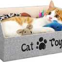 LOVSTORAGE 2X Thicker Large Cat Toy Bin Collapsible Cat Toy Box Sturdy Cat Toy Basket Kitten Toy Storage Bed for Organizing Cat Toys Treats Clothes and Accessories (Grey)