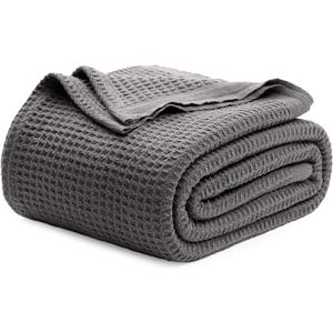 Bedsure 100% Cotton Blanket Queen Size for Bed - Breathable and Soft, Waffle Weave Blanket for Summer Spring, Dark Grey, 90x90 Inches