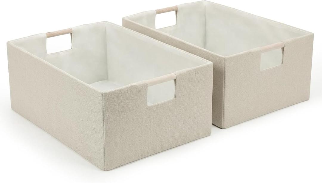 Foldable Fabric Storage Baskets Set of 2 for Shelves, Linen Decorative Storage Bins with Wooden Handles, Small Organizer Cubes for Closet, Rectangle Canvas Boxes for Organizing, Decor (Beige 2 Pack)