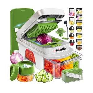 Mueller Pro-Series All-in-One, 12 Blade Mandoline Slicer for Kitchen, Food Chopper, Cucumber Slicer and Spiralizer, Cutter, Dicer, Grater, Gifts for Mom, Kitchen Essentials, White Sand/Green