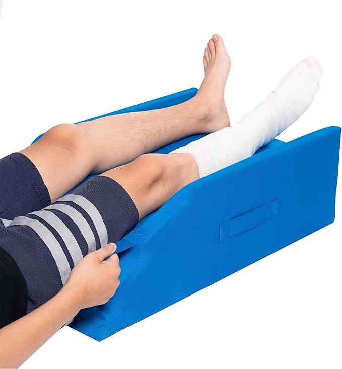 Fanwer Leg Elevation Pillows for After Surgery, Injuries, or Rest, Single Leg Wedge Pillow After Knee Replacement, Leg Support Pillows with 2 Handles, Washable Cover, Blue