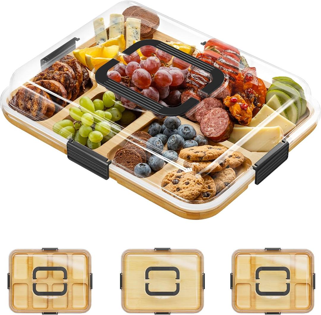 SpaceAid Charcuterie Board with Clear Lid, Portable Travel Cheese Cutting Boards for Picnic Accessories, Bamboo Serving Tray with Lids, House Warming Gifts, Black Handles, 8 Compartments