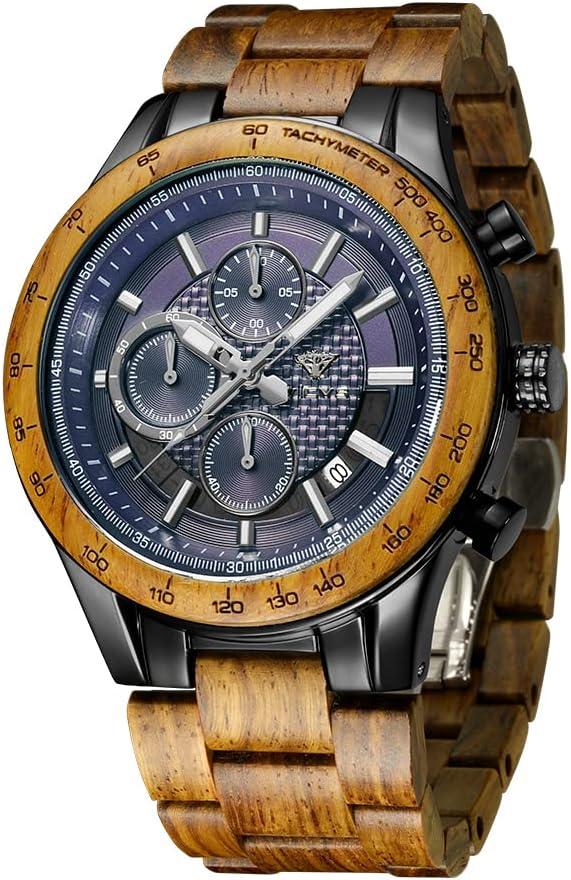 Men's Wood and Stainless Steel Watches, Chronograph 3 Dials Chronograph Quartz Casual Business Multifunctional Men's Wood Watches, Handmade (Acacia Metal)