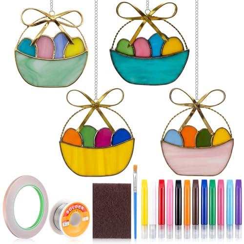 Roowest Unfinished Easter Pre Cut Stained Glass DIY Stained Glass Craft Kit for Adult with Solder Wire, Flux Brush, Pens for Women Gifts Spring Home Decor(Easter Basket,4 Set)