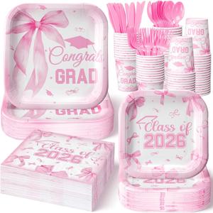 350 Pcs Pink Bow Graduation Party Supplies for Girls, Class of 2026 Disposable Paper Plates and Napkins Tableware Set Serve 50 Guests, Congrats Grad Dinnerware Paper Plates Napkins Utensils