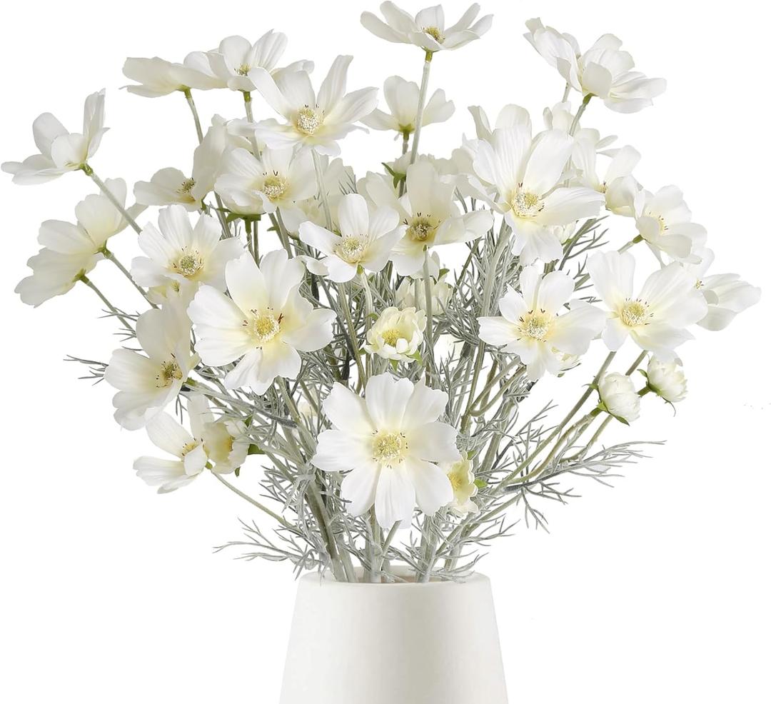 6PCS Cosmos Silk Flowers 24''Fake Wild Flowers Artificial Flowers Arrangement for Wedding Party Kitchens Home Decoration(White)