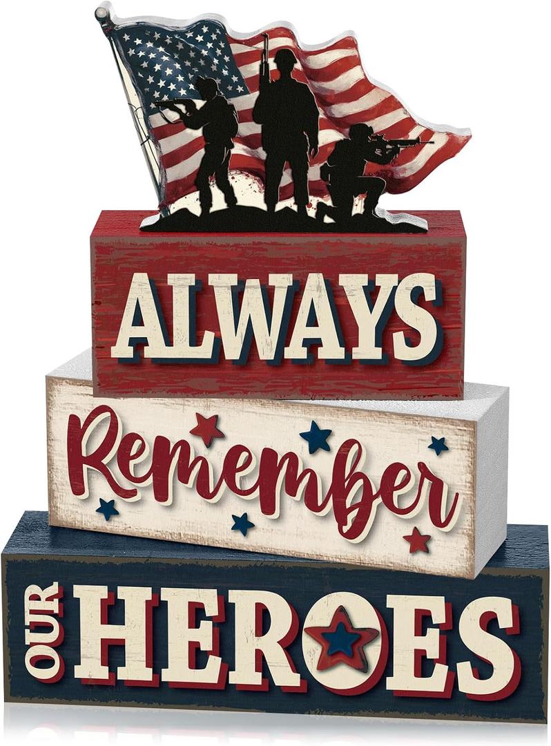 Yuntau 4 Pcs Memorial Day Table Decor Patriotic Always Remember Our Heroes Wooden Sign Fourth of July Tiered Tray Decor Red White Blue Table Centerpiece for Home Office Desk Shelf Mantel Decorations