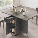 Farmhouse Folding Dining Table with Drawers and 2-Tier Storage Rack, 6-Wheel Multi-Angle Extendable Kitchen Folding Table Suitable for Kitchens and Restaurants(Carlo Grey)