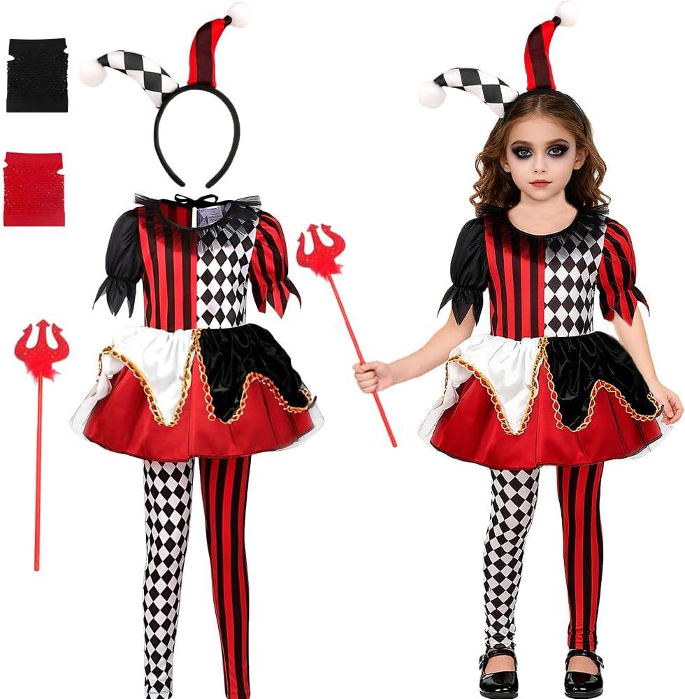 Girls Clown Costume Kids, Halloween Killer Clown Costume, Scary Evil Dress Up for Kids 3 4 5 6 7 8 Years