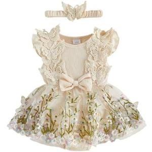 Douhoow Baby Girl Dress Romper Baby Romper Dress Flowers Embroidery Tulle Skirt Infant Girl Summer Clothes with Headband 0-3 Months