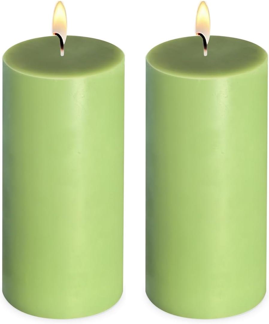 2 Pack 3x6 Inch Sage Green Unscented Pillar Candles - 70 Hour Long Burning Dripless Smokeless Candles for Home Decor Weddings Festivals Spa Meditation