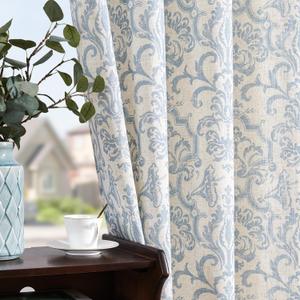 jinchan Linen Curtains for Bedroom Blue Curtains Damask Patterned 84 Inches Long for Living Room Light Filtering Vintage Curtains Baroque Style Drapes Grommet Window Treatments 2 Panels Set (52"W x 84"L (Pack of 2), Damask | Blue on Flax)