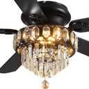 Asyko Crystal Ceiling Fan Fandelier with Lights - 52" Outdoor Fans with Remote ControlNoiseless DC Motor, Retro/Farmhouse Lighting, Dining Room,Living Room