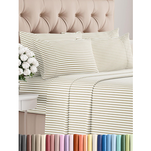 Queen Sheets Set 6 Piece - Bed Sheets Queen Size - Soft Hotel Luxury Bedding - Cooling, Comfy & Breathable - 1 Flat & 1 Fitted & 4 Pillowcases with Deep Pockets - Wrinkle & Fade Free - Beige Stripes
