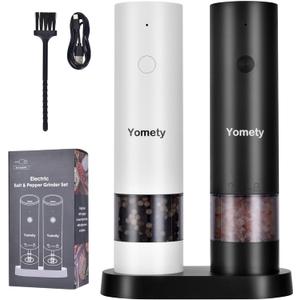 Electric Salt and Pepper Grinder Set Rechargeable Salt and Pepper Grinder Set with Adjustable Coarseness, Salt and Pepper Shakers for Kitchen Gadgets (Black/White)