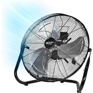 Comfort Zone Cradle Floor Fan, Electric, High-Velocity,180 Degree Adjustable Tilt, 18 inch, 3 Speed, Carry Handle, Rubber Feet, Metal, Airflow 19.36 ft/sec, Ideal for Garage or Workshop, CZHV18BK
