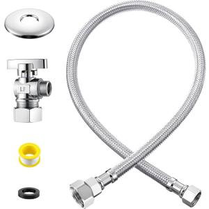Dreyoo Water Supply Line Kit 24 Inch 3/8 Compression Inlets & Outlets Toilet Connector Hose, 1/2'' Nom Inlet x 3/8'' OD Compression Outlet Angle Shut Off, Adapter, Escutcheon Plate, Tape