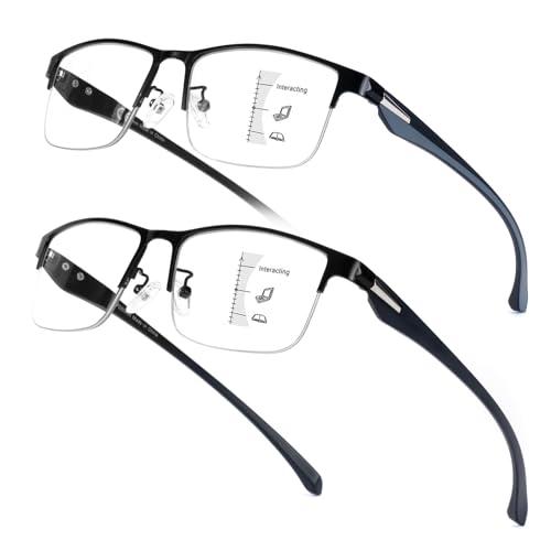 SKYOAK 2 Pack Premium Quality Progressive Multifocus Half Frame Reading Glasses for Men, No-Line Blue Light Blocking Computer Readers Multifocal Eyeglasses with TR90 Temples, Black and Gunmetal +1.5x