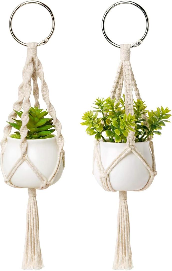 Dahey Mini Macrame Plant Car Accessories Rear View Mirrior Charm Cute Hanging Rearview Car Decor Boho Small Hanger with Artificial Succulent Plants for Plant Lover, 2 Pcs, 10.5 inch, White