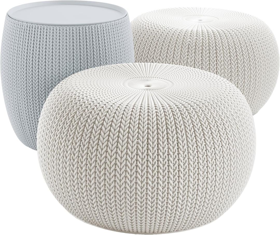 Keter Urban Knit Pouf Ottoman Set of 2 with Storage Table for Patio and Room Dcor - Perfect for Balcony, Deck, and Outdoor Seating, Grey & White