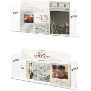 Acrylic Magazine Holder, 2 Pack Hanging Bookshelf Magazine Rack, Wall Mounted Floating Brochure Display for Waiting Room, Office, Home (Clear, 17 Inch)