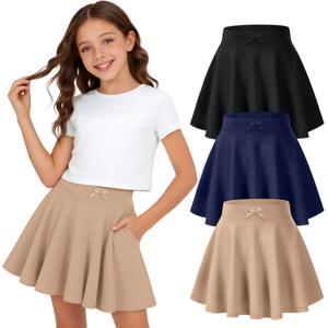 LessonZoo 3 Pack Girls' Uniform Skirts School Pleated Flared High Waist Mini Skorts Built in Shorts with Pockets (Black, Navy Blue, Khaki,7-8 Years) 