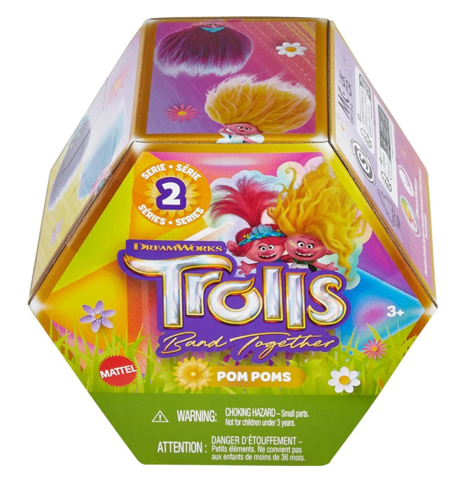 Mattel DreamWorks Trolls Band Together Rainbow Pom Poms Keychains with Surprise Mini Doll, Rainbow Series 1, Flip to Reveal, 3 Pack 