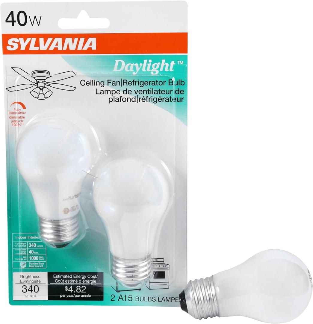 Sylvania 2 Pack Incandescent Light Bulbs 40 Watt Warm White - Incandescent Appliance Ceiling Fan Light Bulbs with Standard Base, A15, 120V 40W E26 Medium Base Bulb, Dimmable, Daylight Finish