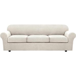 H.VERSAILTEX 4 Piece Stretch Sofa Covers for 3 Cushion Couch Covers for Living Room Furniture Slipcovers (Base Cover Plus 3 Seat Cushion Covers) Thicker Jacquard Fabric (Large Sofa, Ivory)