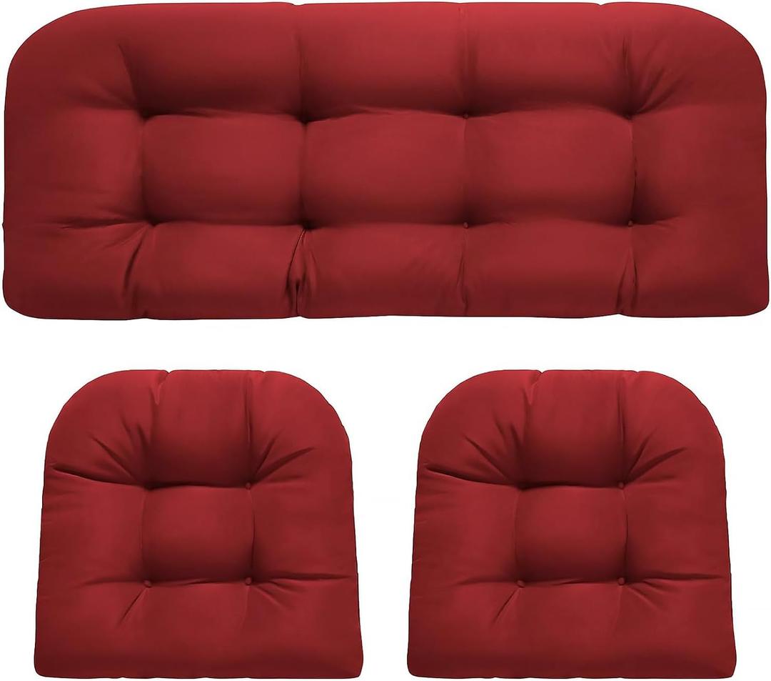 Wicker Chair Cushions 3 Piece Set, Outdoor Loveseat Wicker Cushions for Patio Furniture Settee, Waterproof Wicker Patio Furniture Loveseat Cushions, 1 Loveseat and 2 U-Shaped Cushions, Red
