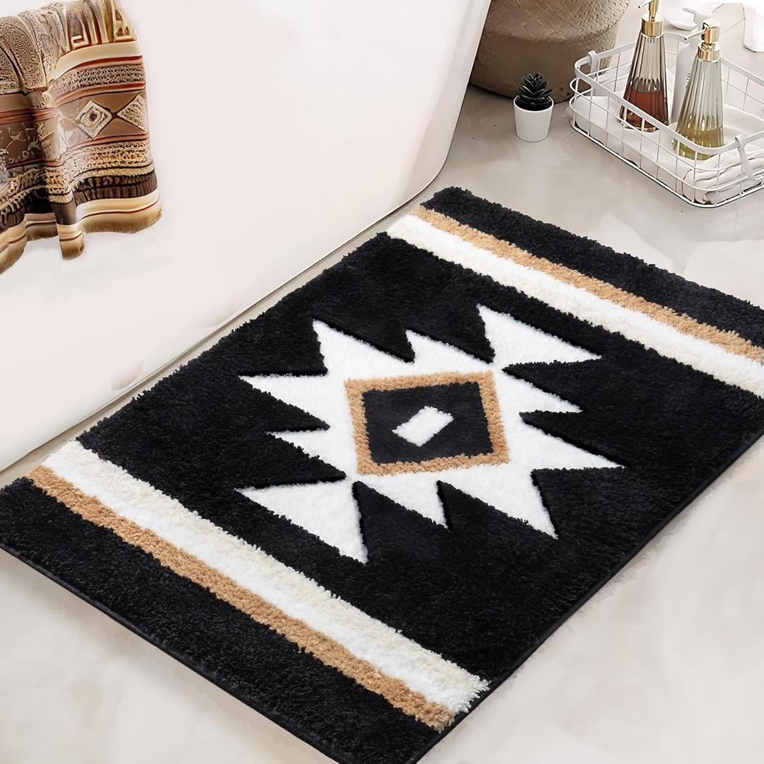 Bathroom Rugs Boho Black Bath Mat Non Slip Soft Absorbent Machine Washable Bath Rug Luxury Plush Floor Mat for Bathroom Shower 20x32 (20"x32")