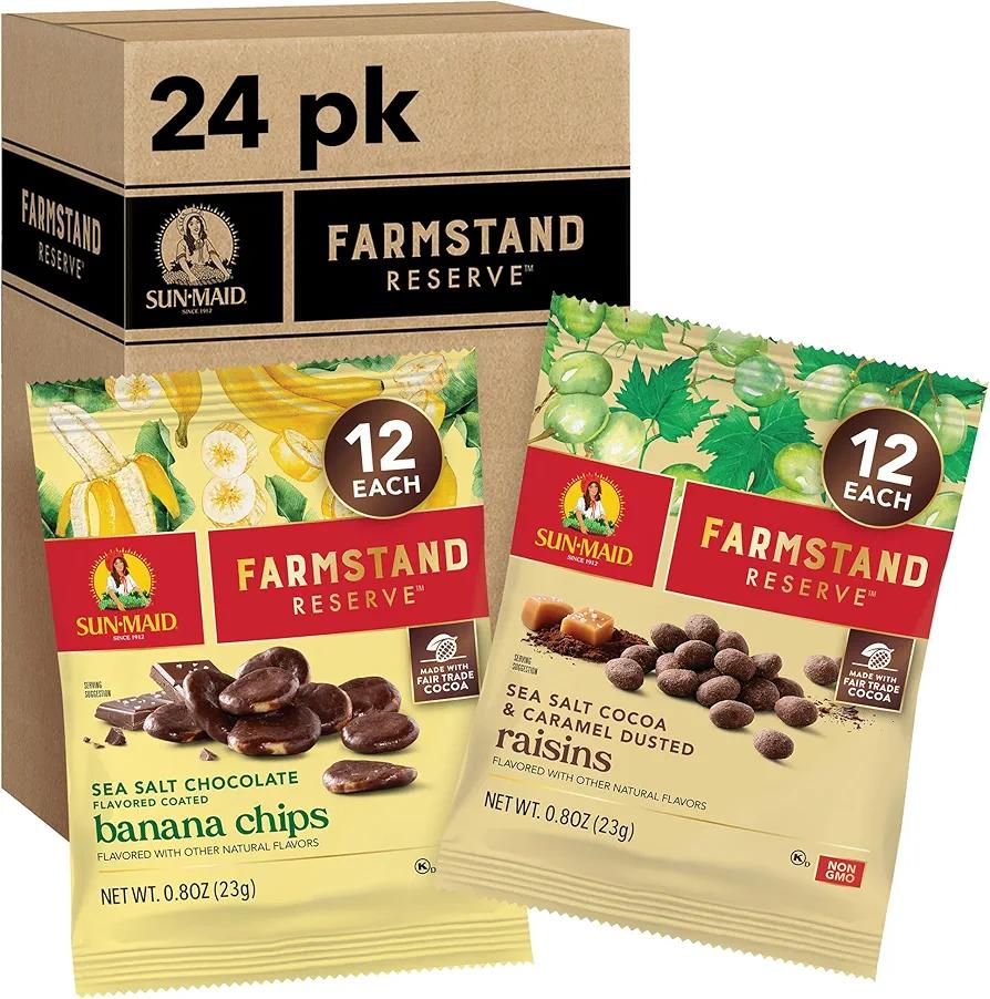 Sun-Maid Farmstand Reserve 24 Count Variety Pack - 0.8 oz Snack Bag – (12) Sea Salt Cocoa & Caramel Dusted Raisins + (12) Sea Salt Chocolate Coated Banana Chips, Best By 13Nov2025 Sun-Maid Farmstand Reserve 24 Count Variety Pack - 0.8 oz Snack Bag – (12) Sea Salt Cocoa & Caramel Dusted Raisins + (12) Sea Salt Chocolate Coated Banana Chips, Best By 13Nov2025
