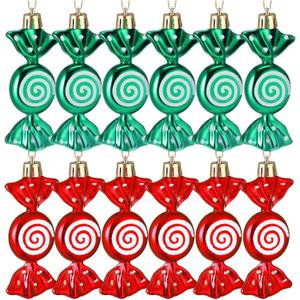 Threan 12 Pcs Christmas Candy Ornaments for Tree Decoration Hanging Glitter Candy Cane Christmas Peppermint Ornament with Golden Rope for Xmas Holiday Decoration(Red, Green,Plastic)