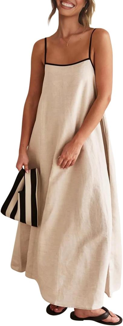 Senllen Women's Linen Dress Summer Loose Flowy Sundress Contrast Spaghetti Strap Sleeveless Backless Beach Maxi Long Dresses (Large, Flaxen)