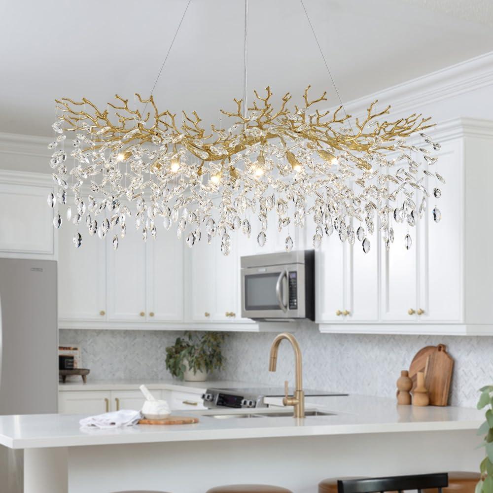 Modern Crystal Chandeliers for Dining Room - L47.2 inch Luxury Gold Tree Branches Chandelier Lighting, Rectangular High Ceiling Hanging Raindrop Pendant Light Fixture, Rectangular, Length 47.2"