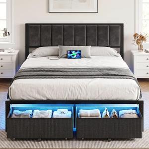 OLEVS Queen Bed Frame with 2 Storage Drawers, Charging Station & LED Lights