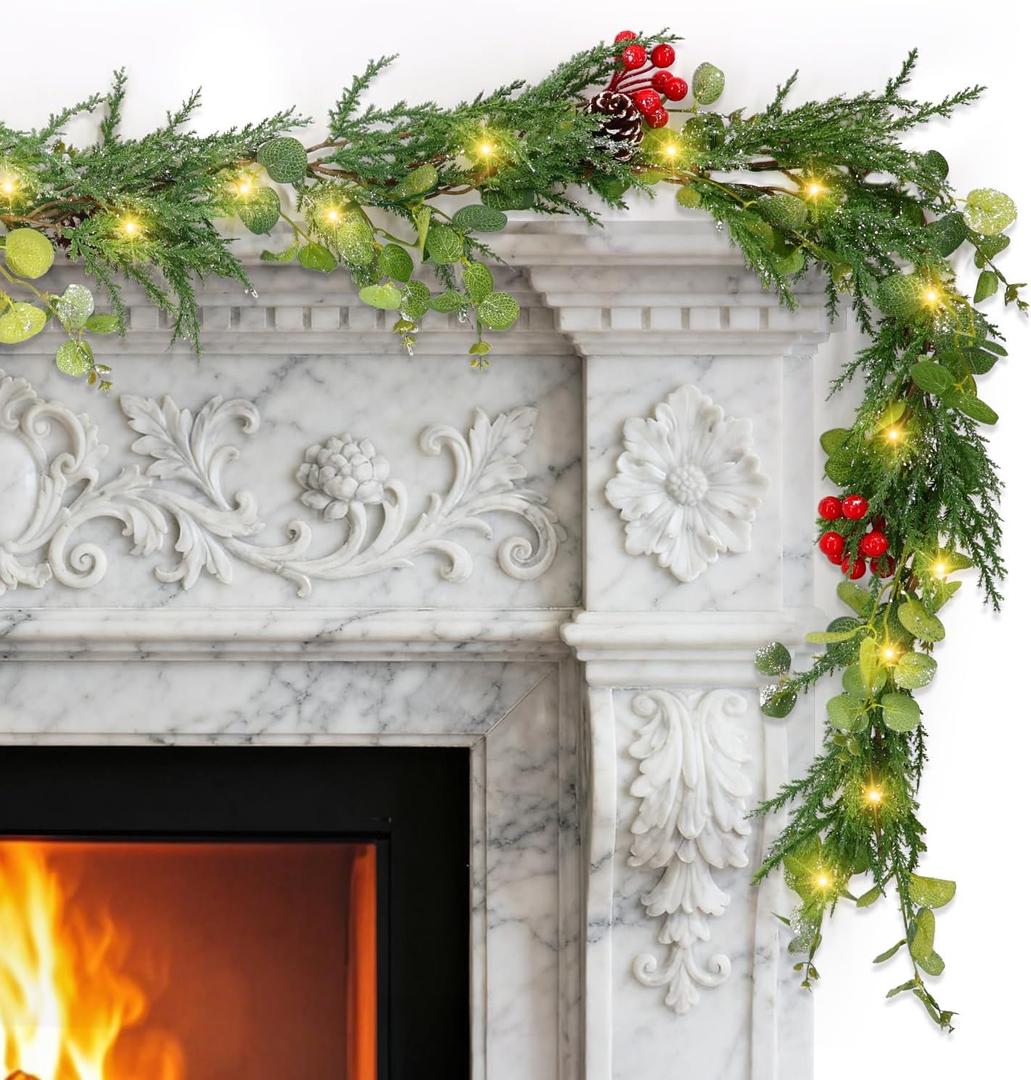 6FT Prelit Christmas Garland with Lights, Realistic Eucalyptus Garland with Artificial Cedar Cypress Leaves Red Berries Pine Cone Greenery Xmas Garland for Mantle Stair Railing Fireplace Decoration