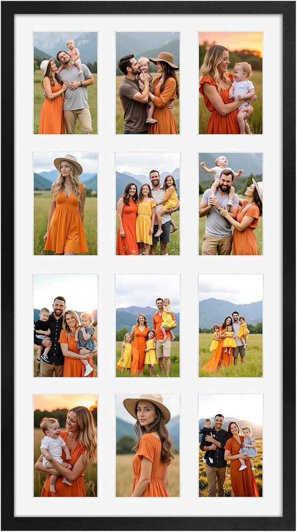 QUTREY 12 Opening Collage Picture Frame 4x6, Black Photo Frame Collage Display Multiple 4 by 6 inch Photos with Mat for Wall