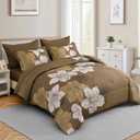 Luxudecor Floral Comforter Set Queen Size, 7 Pieces Bed in a Bag Brown Floral Comforter and Sheet Set, Soft Microfiber Complete Bedding Sets for All Seasons