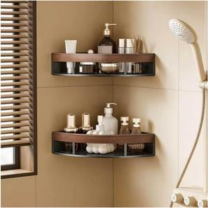 2-Pack Corner Shower Caddy with Walnut Wooden Shelf, Wall Mounted Bathroom Organizer, Matte Black Aluminum Alloy Storage Rack for Toilet, Dorm and Kitchen