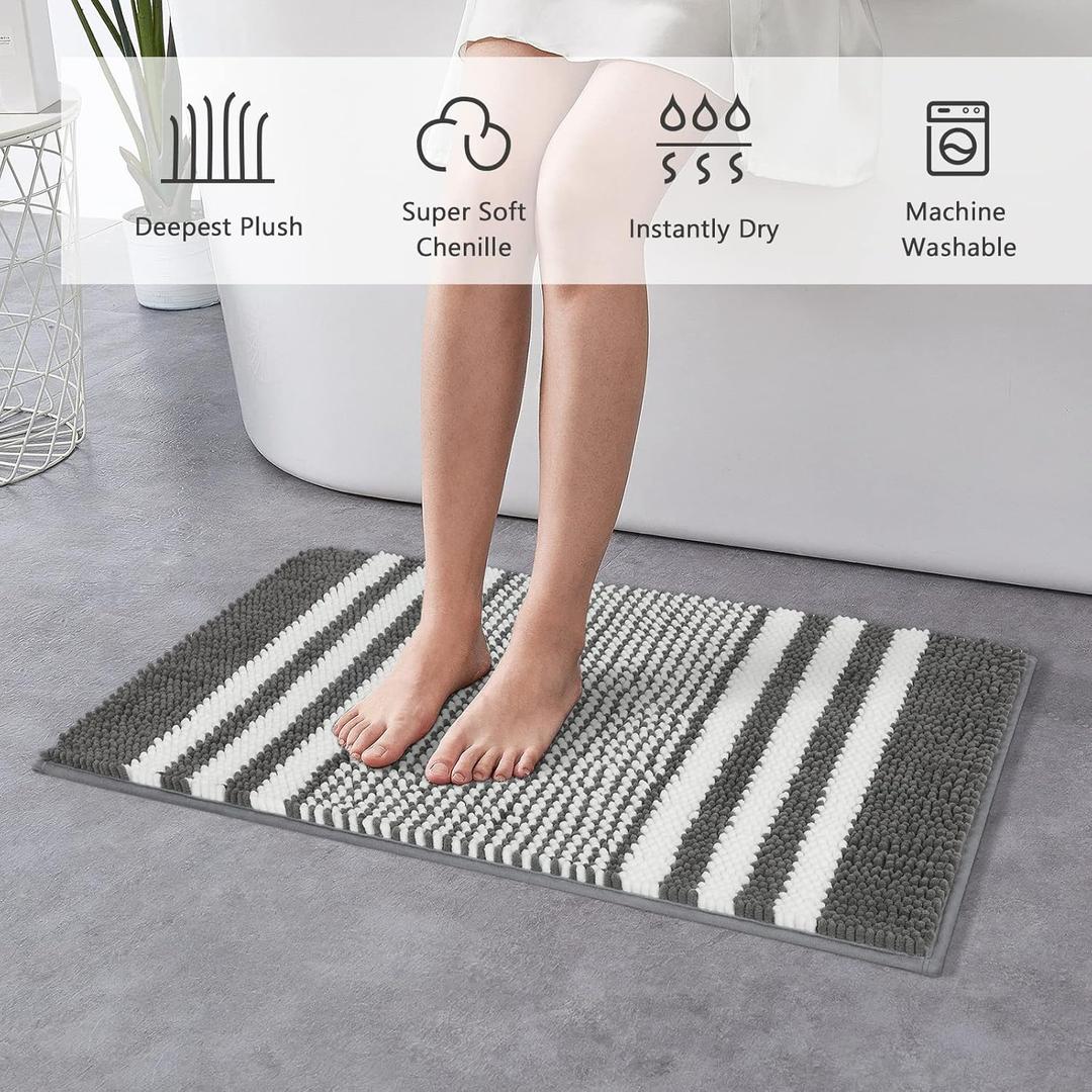 Starryle Bathroom Rugs , Extra Soft and Absorbent Fluffy Striped Chenille Bath Mat Rug Set, Non Slip Bathroom Floor Mat, Machine Washable (21" x 47" Dark Gray)
